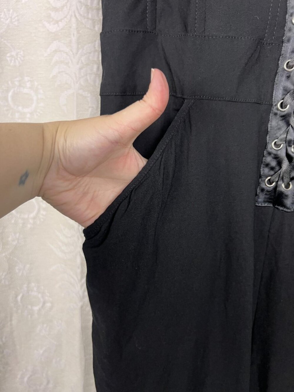 Unique Vintage corset-style black jumpsuit stretch cropped retro pinup vamp L - Picture 4 of 10